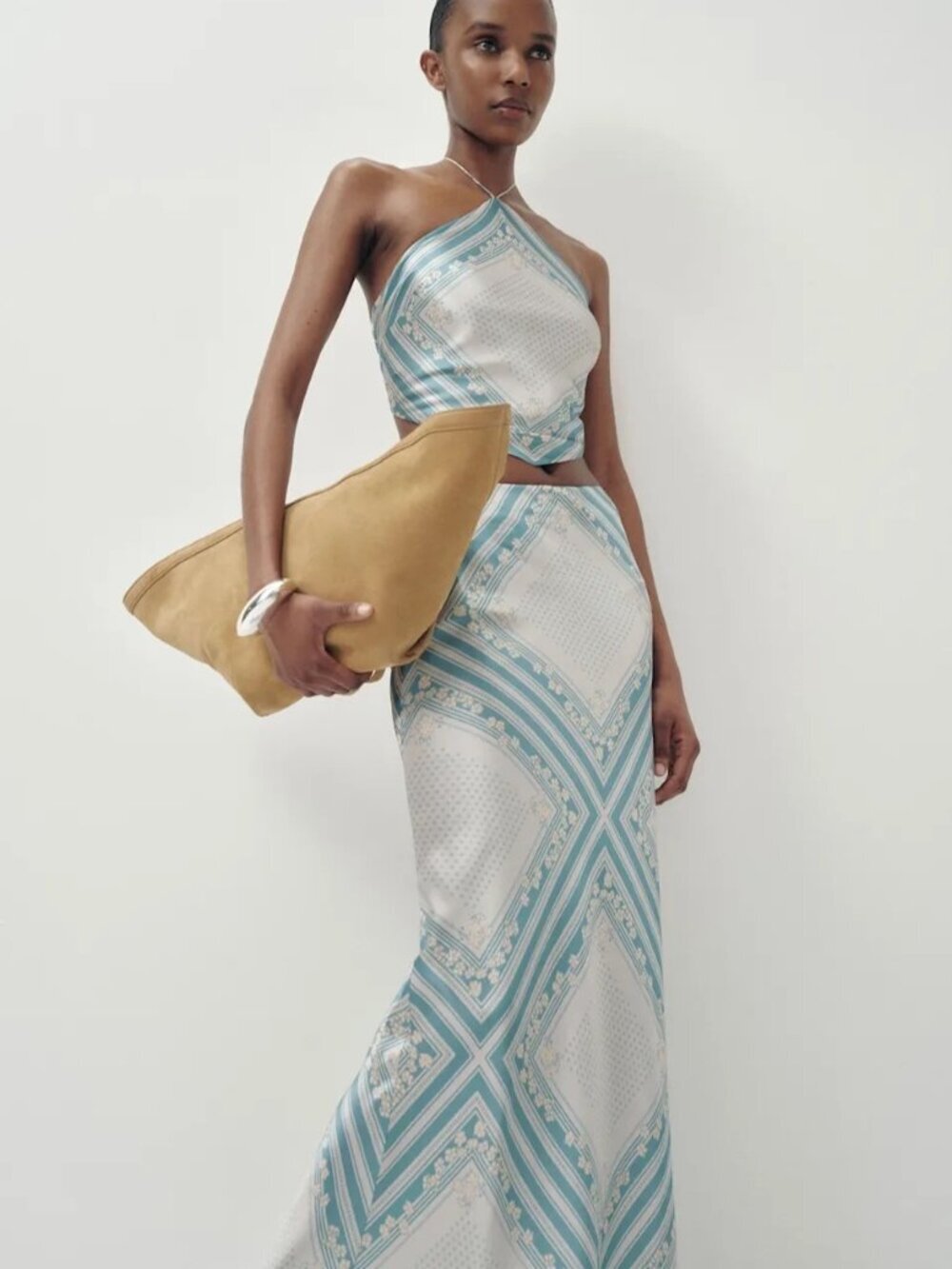 NEW Reformation Effie Two Piece Matching Silk Skirt Set Bardot Blue Floral sz S